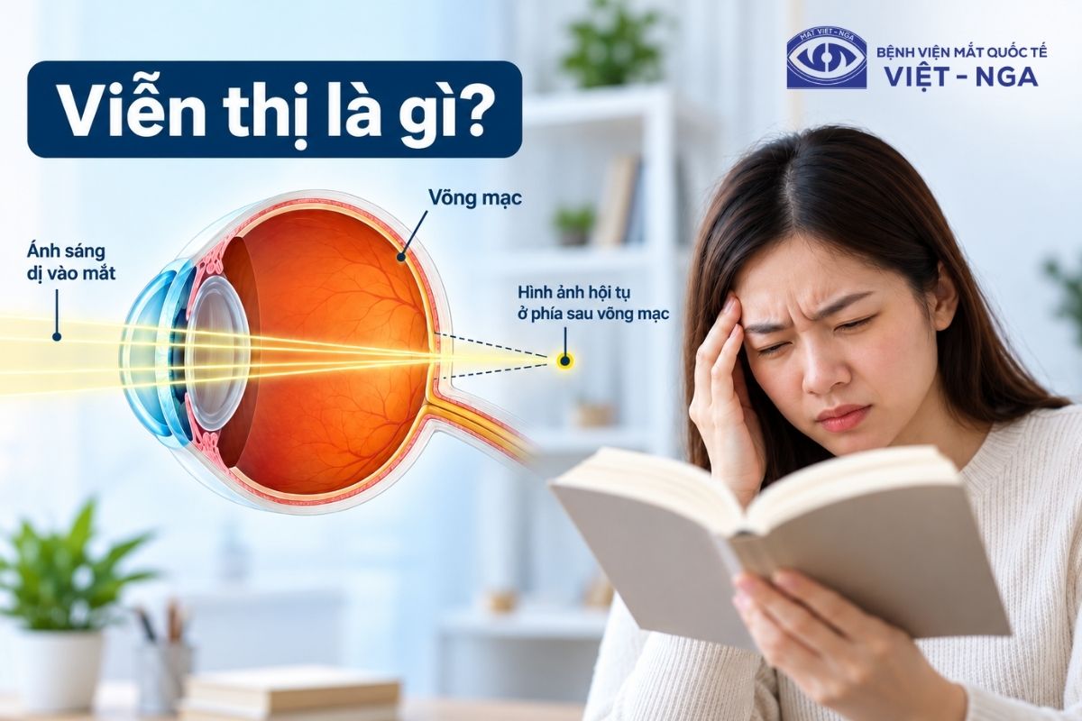 Viễn thị khiến tia sáng hội tụ phía sau võng mạc thay vì đúng trên võng mạc.