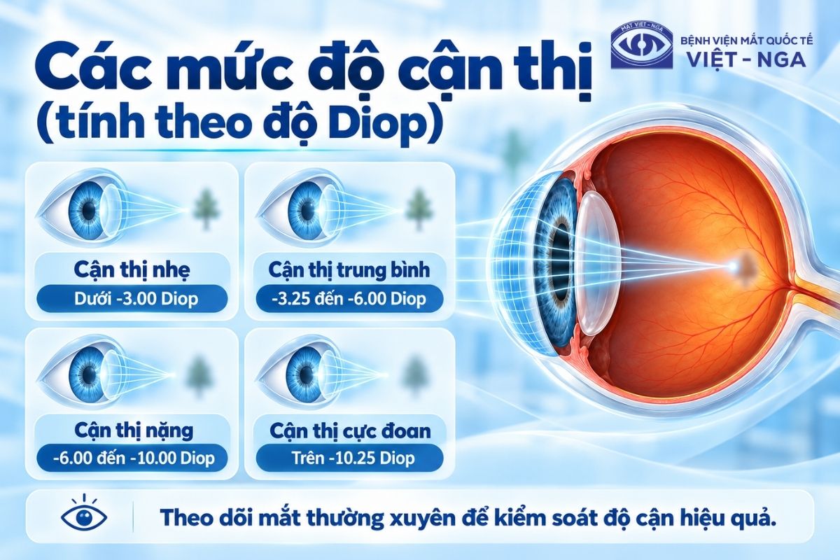 Độ cận thị được phân loại theo số Diop, từ nhẹ đến cực đoan