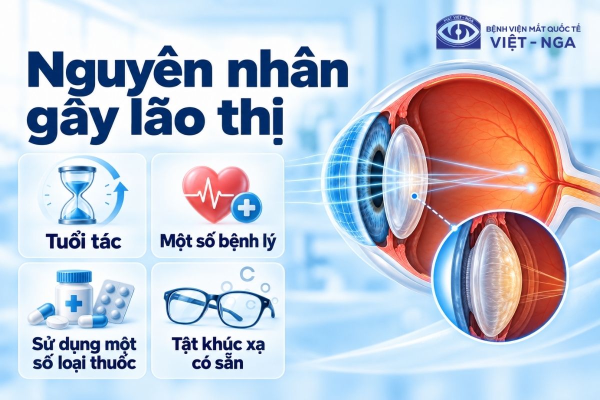Lão thị chủ yếu do tuổi tác làm thể thủy tinh mất dần độ đàn hồi, khiến mắt khó nhìn rõ vật ở gần