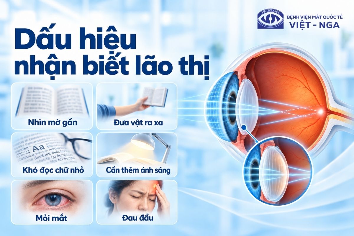 Lão thị thường gây nhìn mờ khi nhìn gần, phải đưa vật ra xa và cần nhiều ánh sáng hơn