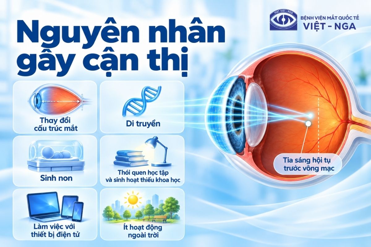 Cận thị có thể liên quan đến di truyền, cấu trúc mắt và thói quen sinh hoạt