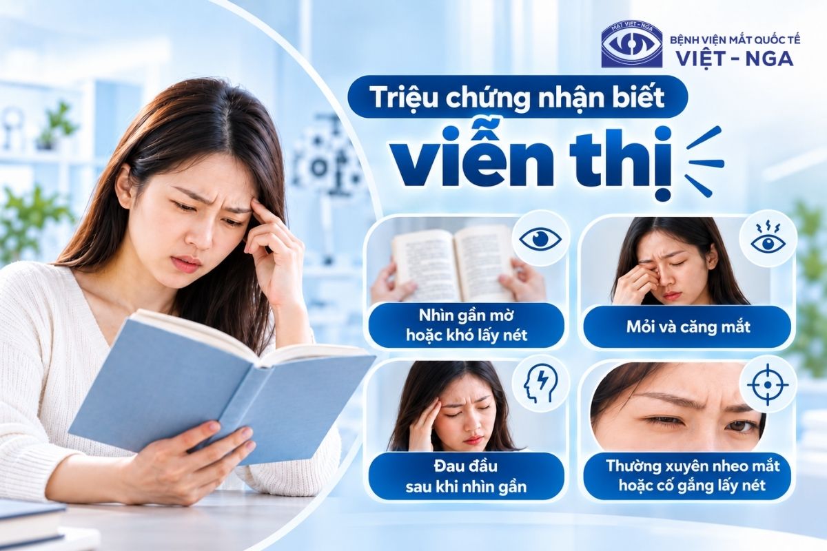 Nhìn gần mờ, mỏi mắt và đau đầu sau khi đọc lâu là những biểu hiện có thể gặp ở người viễn thị.