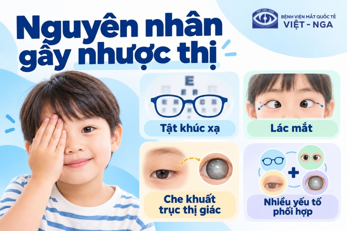 Các nguyên nhân phổ biến gây nhược thị: tật khúc xạ chênh lệch, lác mắt và cản trở trục thị giác.