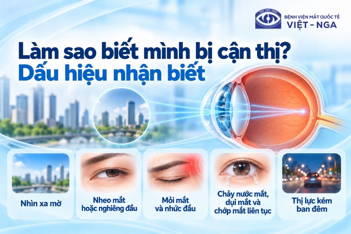Dấu hiệu cận thị thường gặp là nhìn xa mờ, nheo mắt, mỏi mắt và khó nhìn rõ vật ở xa