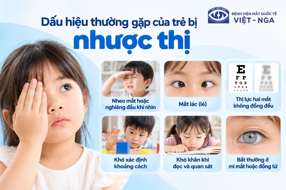 Những biểu hiện điển hình cảnh báo nhược thị ở trẻ: nheo mắt, nghiêng đầu, mắt lác hoặc hay vấp ngã.
