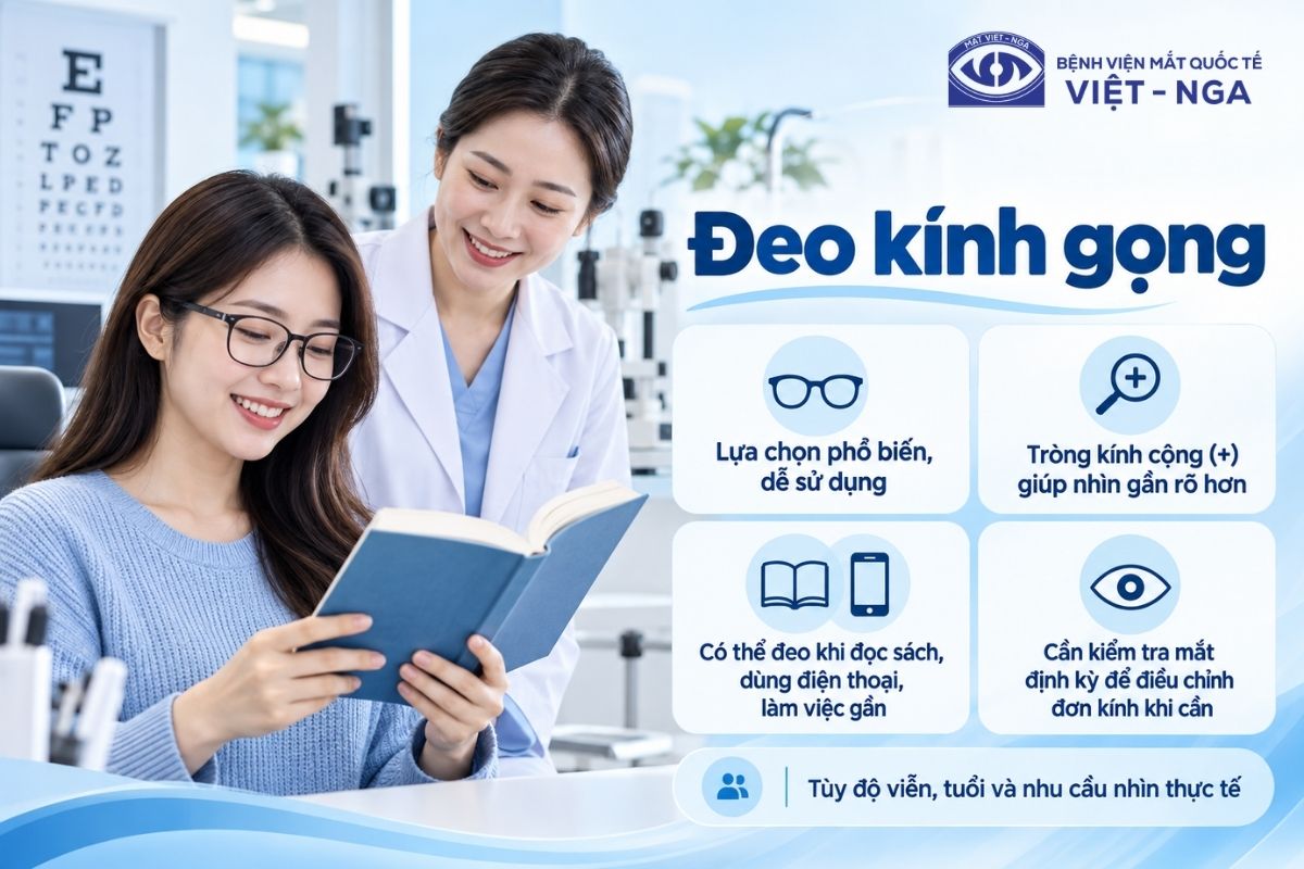 Kính gọng viễn thị dùng thấu kính số cộng để hỗ trợ hội tụ ánh sáng trên võng mạc.