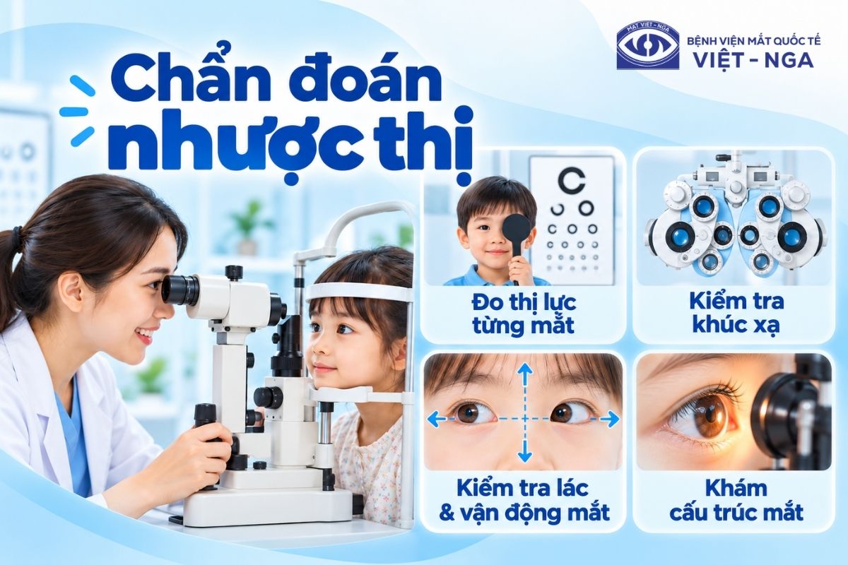 Quy trình thăm khám toàn diện kết hợp đo khúc xạ liệt điều tiết giúp xác định chính xác mức độ nhược thị.