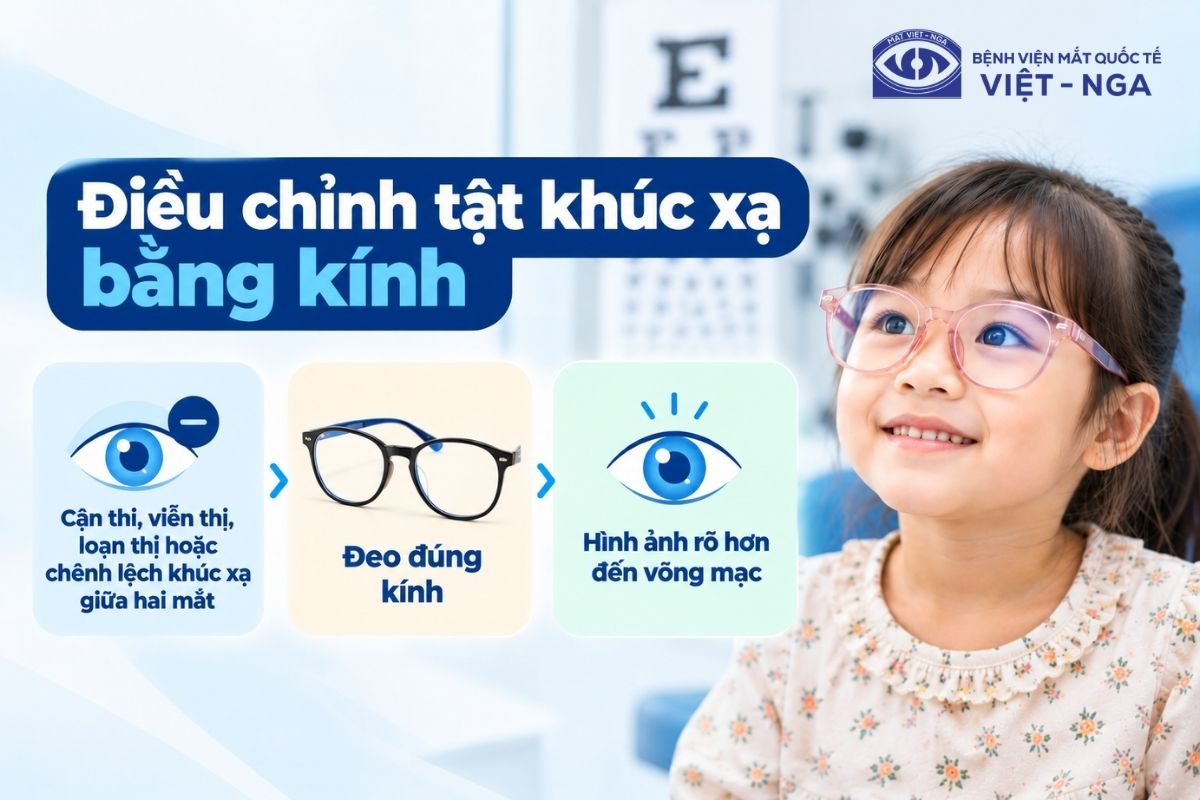 Đeo kính đúng độ là bước nền tảng giúp cải thiện rõ rệt thị lực cho trẻ bị nhược thị do khúc xạ.