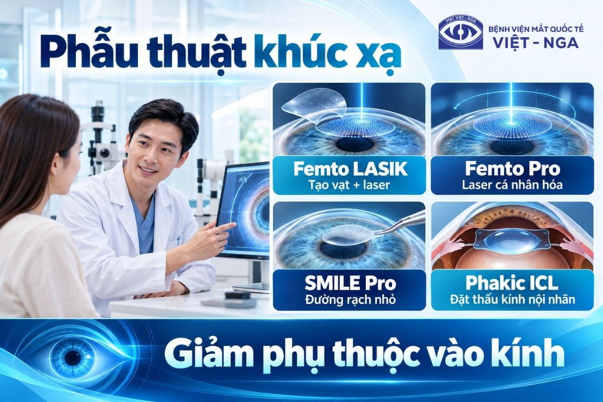 Phẫu thuật khúc xạ thay đổi hình dạng giác mạc và chỉ được cân nhắc sau khi đánh giá đầy đủ điều kiện của mắt.